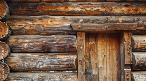 Architecture and building details against a wooden log background