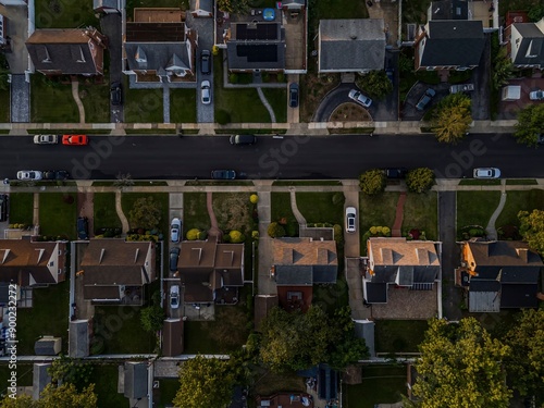 Aerial view of the houses in a residential neighborhood in Valley Stream at sunset in New York, USA