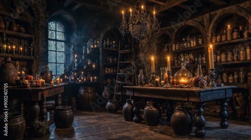 Magical Potion Bottles in Witch's Cauldron: Candles, Smoke, Spellbooks, Dark, Enchanted, Mystical, Spooky, Halloween, Vintage