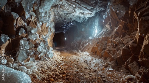 Salt mine tunnel crystals. Generative AI