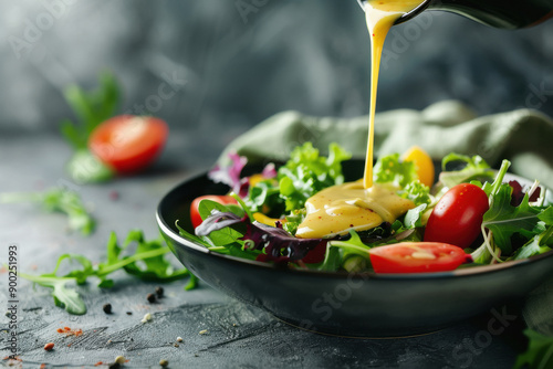 Pouring dressing on garden salad