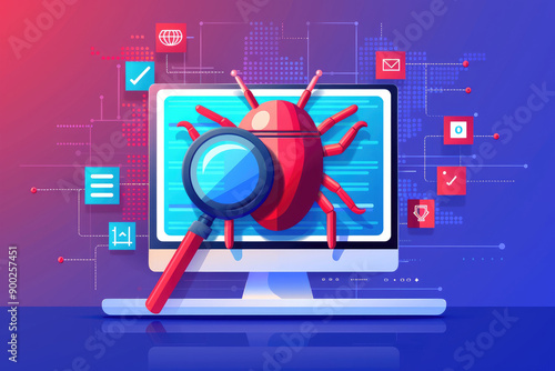 Digital Security Threat, a magnifying glass hovering over a cartoonish computer bug on a screen, showcasing themes of cyber threats and digital vigilance in a modern interface