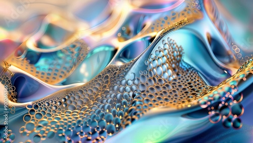 Microcosmic Bubbles. Close-up 3D render of shimmering metallic surfaces with bubble-like structures in blue and gold tones.