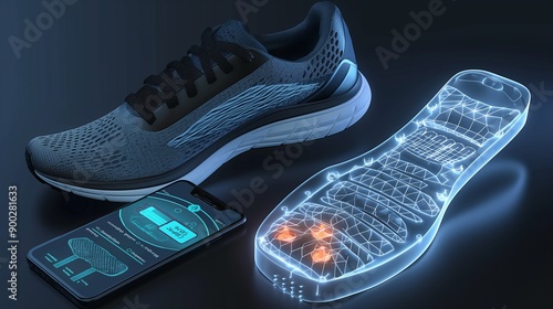 A high-tech shoe insole displayed next to a smartphone, showing pressure points and gait analysis to help correct posture and enhance running efficiency.