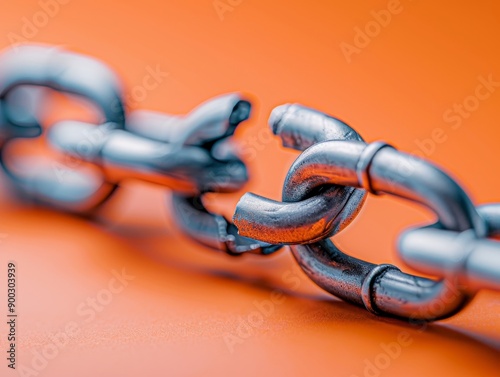 broken metal chain link on orange background - symbol of weakness, vulnerability, and disconnection