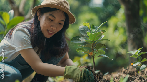 Woman planting sapling in lush green setting.