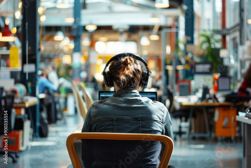 Focused woman in a bustling office space wearing noise-cancelling headphones back view