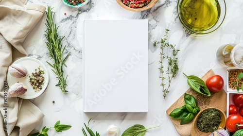 Blank white book cover mock-up on an Italian kitchen table surrounded by fresh herbs and Italian ingredients