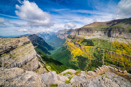 Spectacular valley of Ordesa with its impressive rocky mountains in the summer season, Spanish Pyrenees