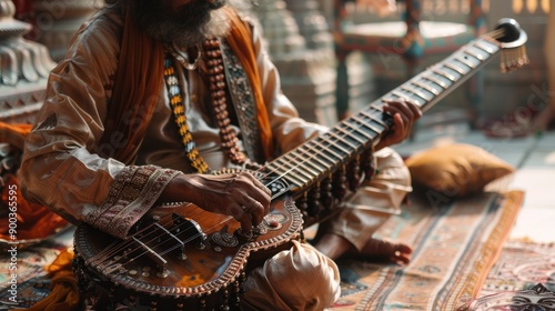 A musician playing a sitar in a traditional setting, capturing the rich musical heritage of India