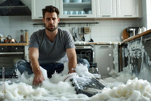 Beautiful man sitting next to the broken dishwasher with foam coming out in the kitchen, looking worried.