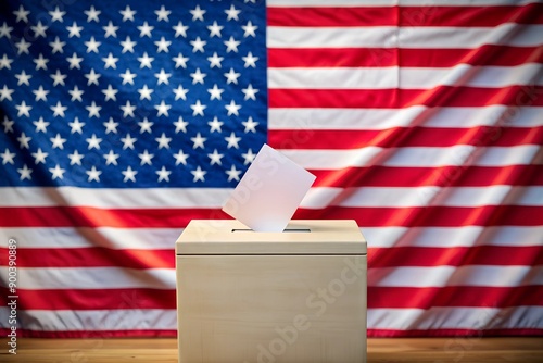 U.S. Elections, ballot box and flag of the United States of America, concept of presidential election, ballot box and US flag, democratic election concept.