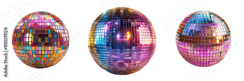 Three shimmering disco balls reflecting vibrant colors, perfect for dance parties and festive celebrations.