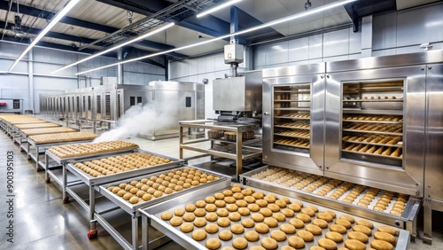 Modern dairy production facility with stainless steel industrial ovens baking large batches of cookies, steam rising, ample space for text.