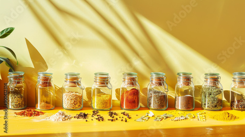 A bright, sunny kitchen counter showcases an array of spices in clear jars, with some poured out in front each, against a cheerful sunflower-colored wall.