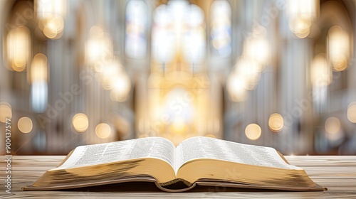 Open Bible Resting on a Wooden Surface in a Softly Lit Church