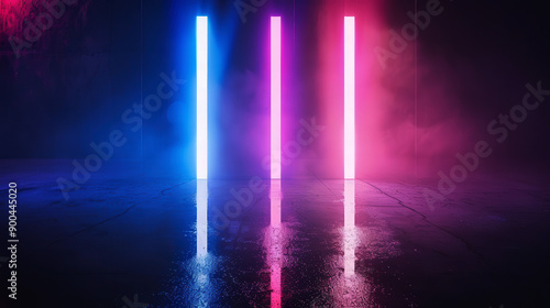 Three vertical neon light bars in blue, pink, and purple, glowing brightly on a dark background with reflections, creating a modern and vibrant scene, isolated with copy space