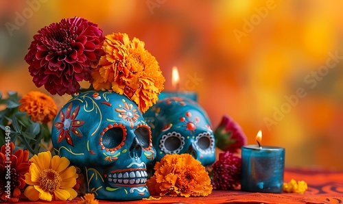 A vibrant and cultural Dia de los Muertos scene featuring sugar skulls, marigold flowers, and candles against a bright orange background