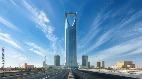 Kingdom Centre: A Modern Marvel Under Whispering Skies - The iconic Kingdom Centre in Riyadh, Saudi Arabia, pierces the azure sky, a testament to modern architecture and engineering prowess. 