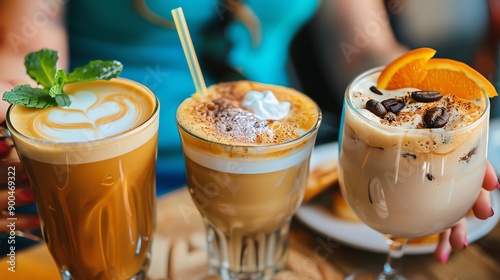 Three glasses of iced coffee on a table.