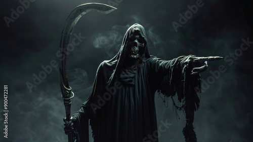 Grim reaper wearing black hood, pointing with finger and holding scythe in smoky background