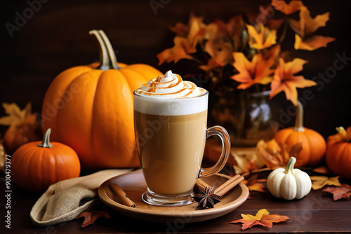 delicious pumpkin spice latte in a mug with fall decorations, fall background, food background