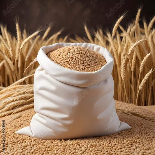 An overstuffed sack brimming with an abundant yield of sun-kissed wheat grains, set against a backdrop of a sprawling wheat field in the warm glow of the afternoon