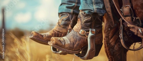 A close-up of rustic cowboy boots resting in stirrups, capturing the spirit of the wild west and equestrian lifestyle in natural surroundings.