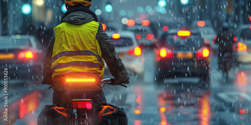 A bicyclist wears a bright yellow vest and flashing lights while riding through heavy traffic.