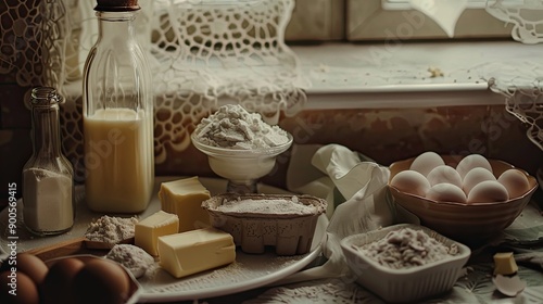 Organized Display of Cake Making Ingredients on a Wooden Table in a Cozy Kitchen Setting