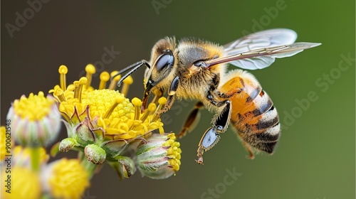 honey bee on yellow flower gathering pollen in the garden