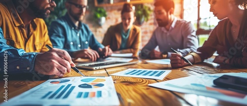 Team brainstorming session with business professionals discussing graphs and charts at a wooden table in a modern office setting.