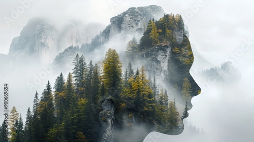 Double exposure combines a woman's face, high mountains and forest. Panoramic view. The concept of the unity of nature and man. Dream, reminisce or plan a climb. Memory of a mountaineer. Illustration.