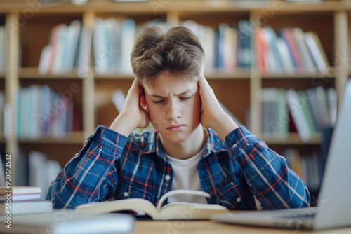 Frustrated student studying in library. Young male student holding head while reading a book, conveying stress and difficulty in learning. Ideal for educational and mental health content.