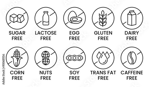 Set allergen free icons. Allergen free products. Products warning symbols. Lactose, gluten, sugar, corn, egg, trans fat, soy, nuts free, coffeine sign.