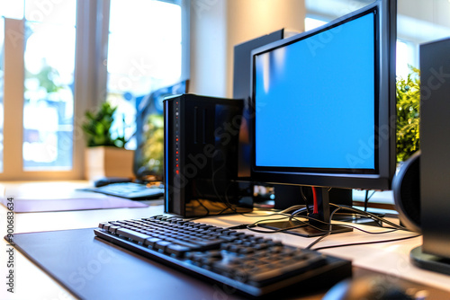 Modern office workspace with desktop computer setup, keyboard, and monitor on a clean desk, with plants by the window in the background. high quality.