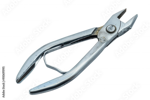 A stainless steel pliers with a spring-loaded handle, isolated on a black background.