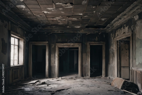 An empty room of an abandoned house with walls weathered away by time, Generative AI