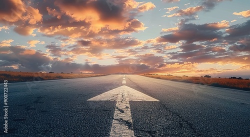 A straight road leading into the distance with an arrow pointing forward on it