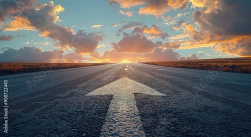 A straight road leading into the distance with an arrow pointing forward on it