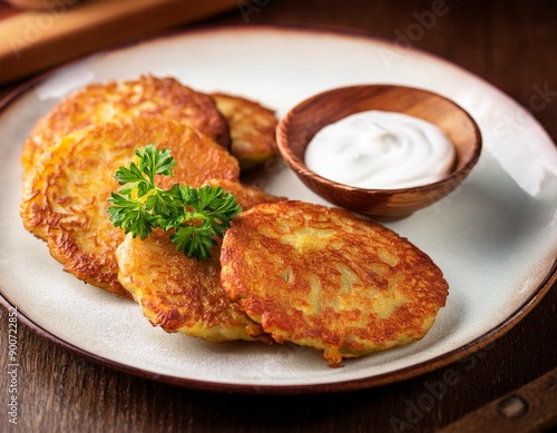 Polish placki ziemniaczane (potato pancakes) served with sour cream - traditional polish dish