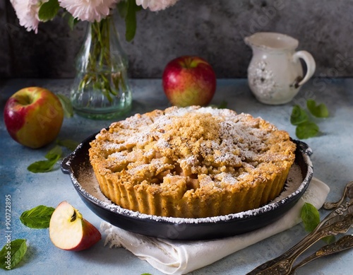 super realistic photo of a apple pie with apples all around in the kitchen - traditional polish apple pie . szarlotka