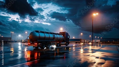 A tanker truck parked at a rest stop, illuminated by street lights