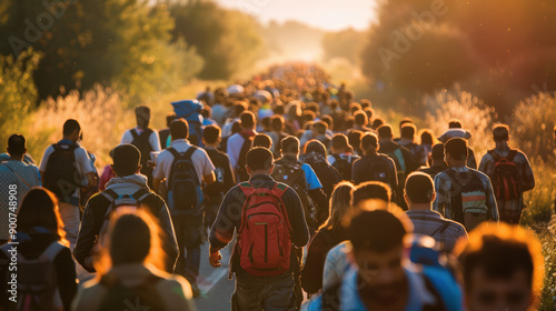 A large group of people are walking down a road, some of them carrying backpacks