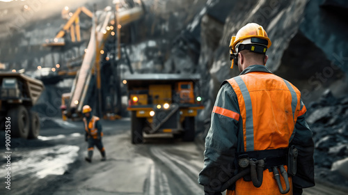 Industrial mining scene with workers wearing safety gear and large machinery operating in an open-pit mine during daylight.