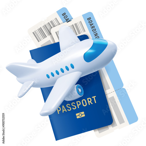 Passport with air tickets, cute 3d realistic plane flies around. Concept of travel, vacation or business trip. Vector illustration