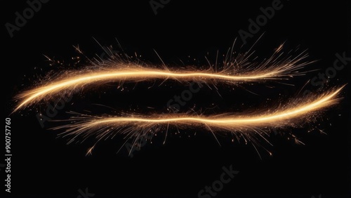 A dynamic image featuring two arcing lines of flying sparks on a dark background