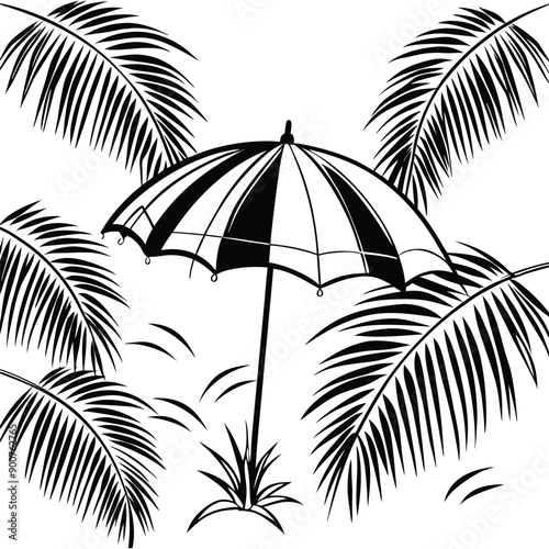 Beach umbrella bla , in tropical summer with palm tree leaves vector