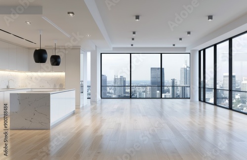 Modern Kitchen and Living Room With City View