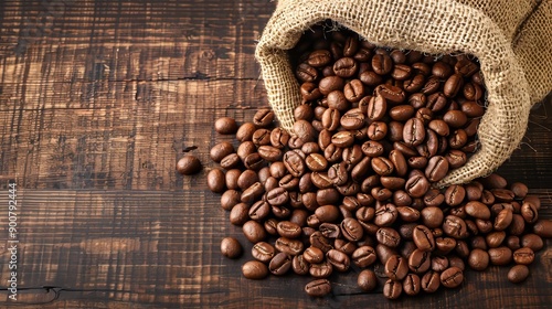 The background of this photograph shows a burlap sack filled with coffee beans